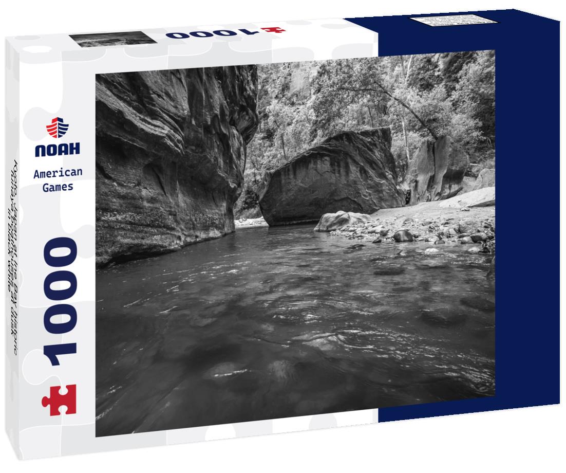 Noah Jigsaw Puzzle Kyoto, Japan at Ine Bay historic funaya boathouses at dusk in black white 1000 pieces