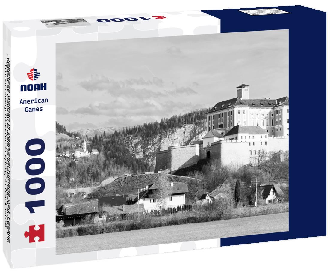 Noah Jigsaw Puzzle Japanese woman in traditional Kimono visit Yasaka Pagoda at Hokanji temple in Kyoto, Japan during full bloom cherry blossom in spring in black white 1000 pieces