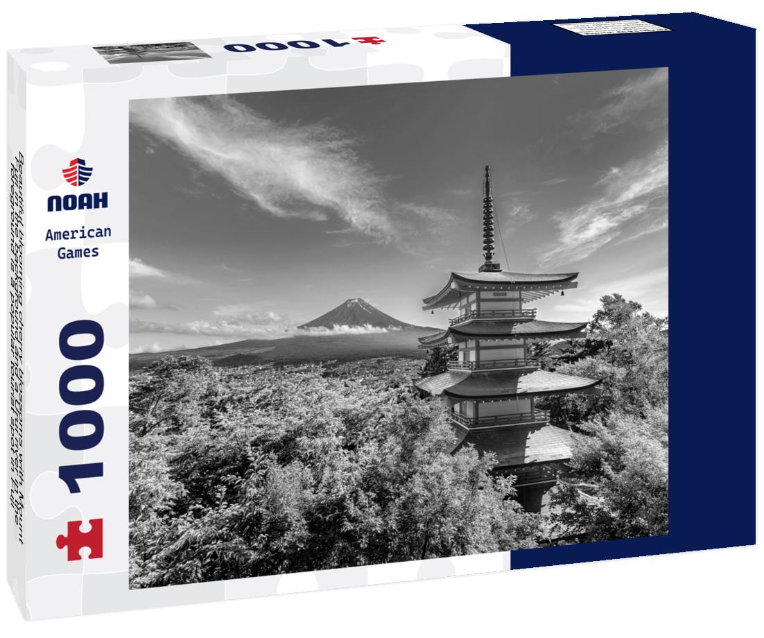 Noah Jigsaw Puzzle Beautiful blooming cherry blossoms with Mount Fuji in the background and a Urui river in the foreground is a popular tourist spot in Fuji City, Shizuoka Japan in black white 1000 pieces