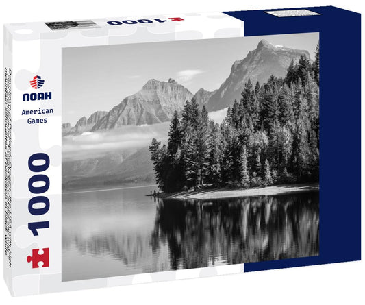 Noah Jigsaw Puzzle Downtown of Portland, Oregon, the USA with high-rise architecture. Twilight view of the city with mountain silhouettes at backdrop in black white 1000 pieces