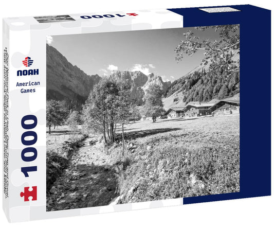 Noah Jigsaw Puzzle Zion National Park in Utah. Deer Trap and Great White Throne mountains viewed from Zion Canyon. View from rock ledge between Lower and Middle Emerald Pools in black white 1000 pieces