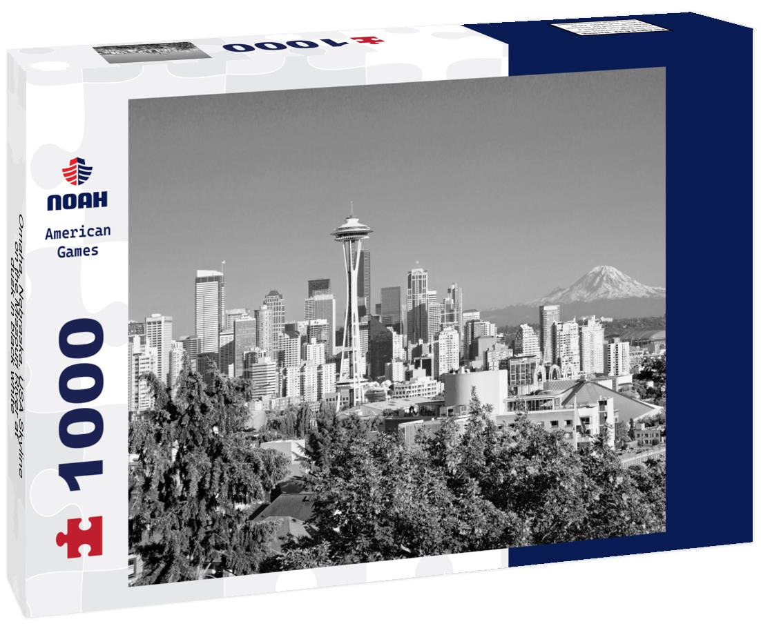 Noah Jigsaw Puzzle Omaha, Nebraska, USA Skyline on the Missouri River at dusk in black white 1000 pieces