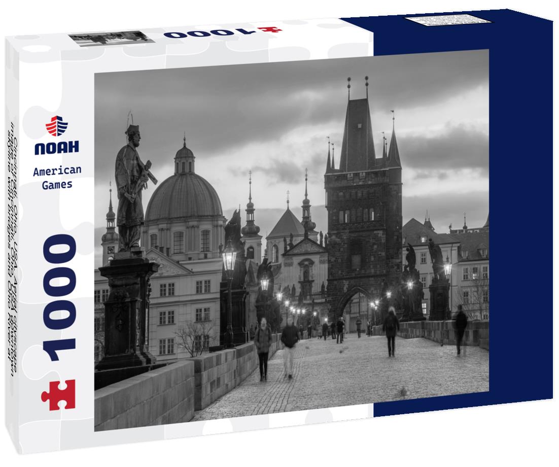 Noah Jigsaw Puzzle Cincinnati, Ohio, USA. Aerial cityscape image of Cincinnati, Ohio, USA downtown skyline with bridges and Ohio River at spring sunset in black white 1000 pieces