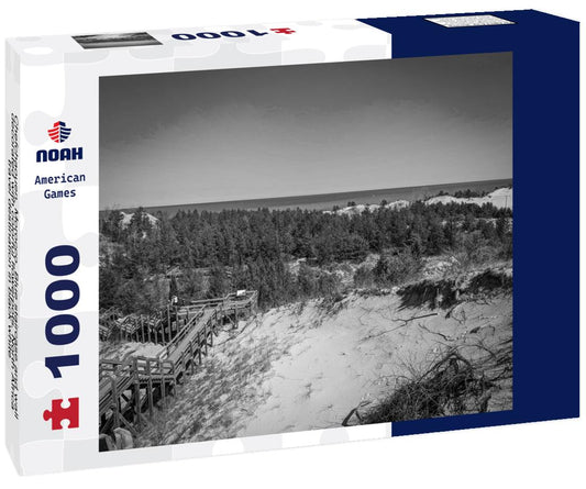 Noah Jigsaw Puzzle Chefchaouen, Morocco. Blue staircase and wall decorated with colorful flowerpots, North Africa travel destination in black white 1000 pieces