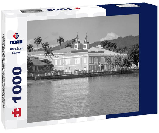 Noah Jigsaw Puzzle Restaurant building in luxury lodge hotel near Agdz town with view of Jebel Kissane mountain in Atlas Mountains, Morocco, North Africa in black white 1000 pieces