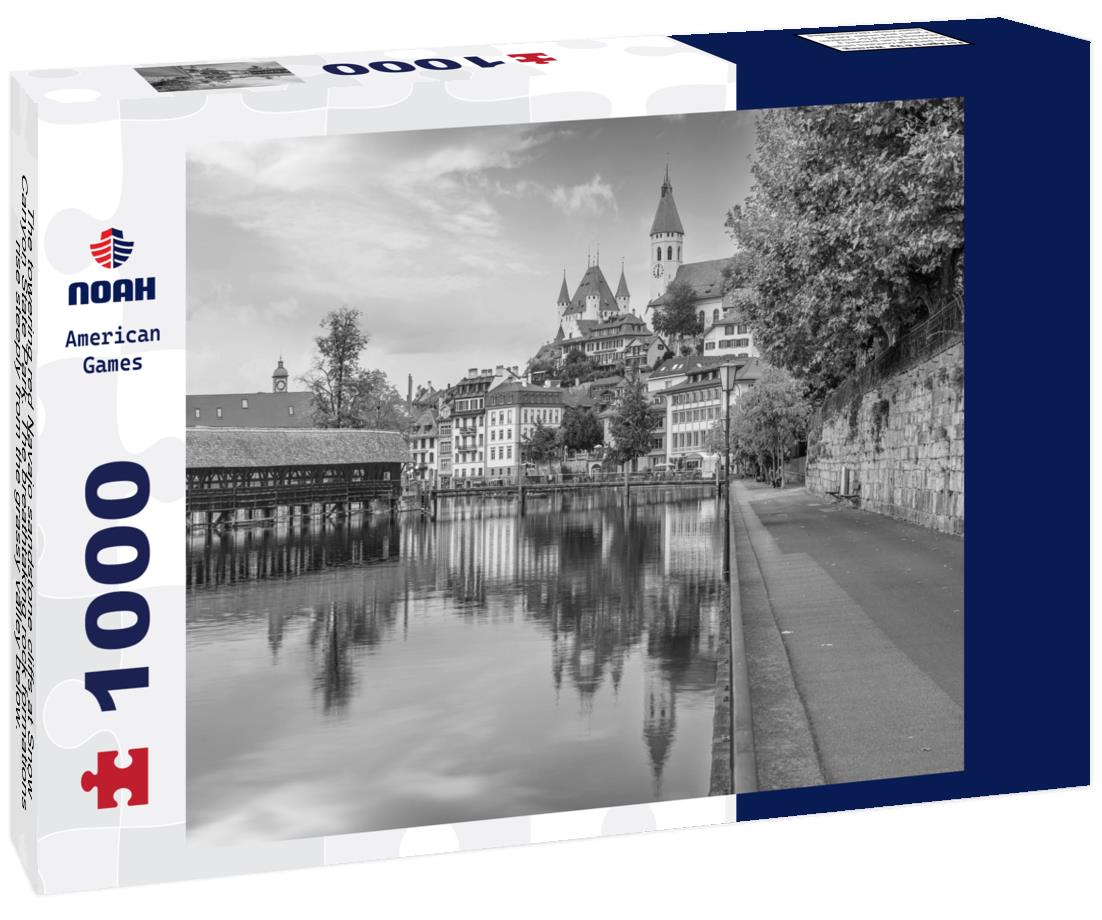 Noah Jigsaw Puzzle The towering red Navajo sandstone cliffs at Snow Canyon State Park. The breathtaking rock formations rise steeply from the grassy valley below. Taken in the early morning light - St George, Utah, USA in black white 1000 pieces