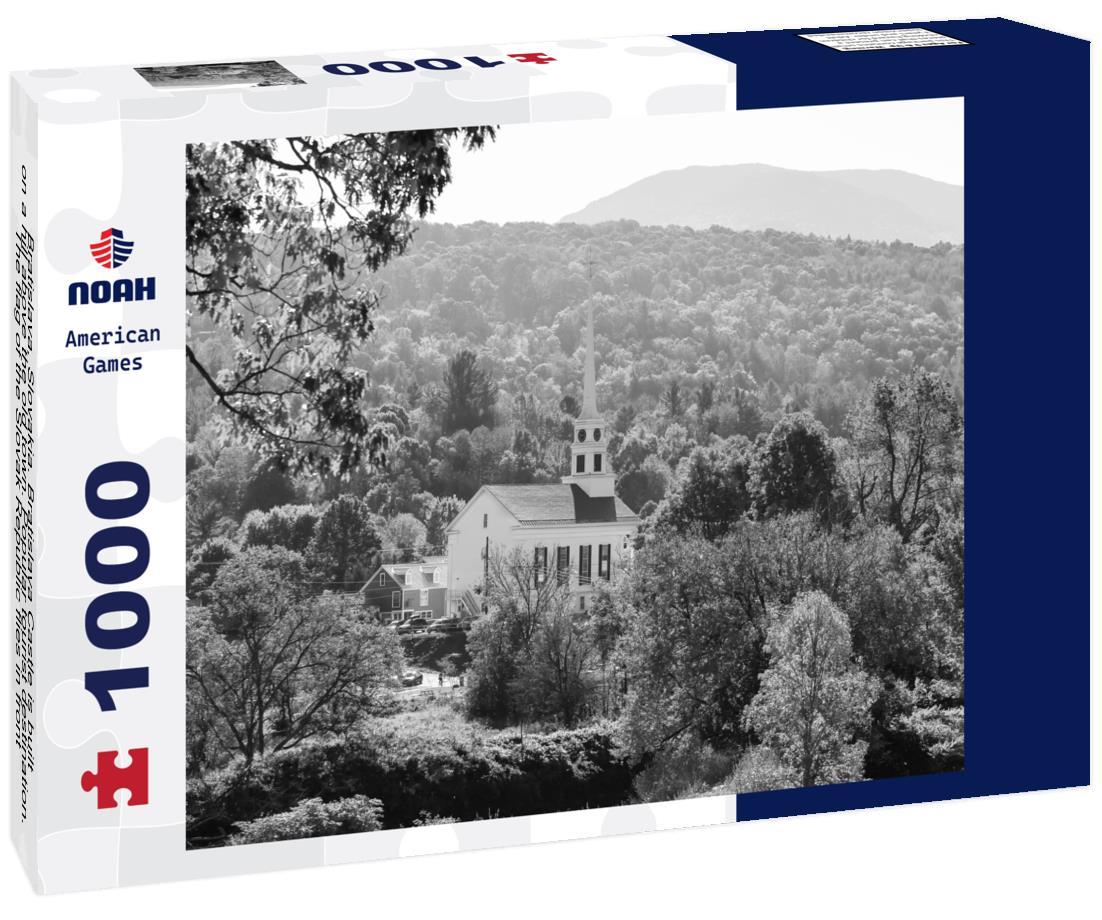 Noah Jigsaw Puzzle Bratislava, Slovakia. Bratislava Castle is built on a hill above the old town. Popular tourist destination. The flag of the Slovak Republic flies in front of the castle in black white 1000 pieces