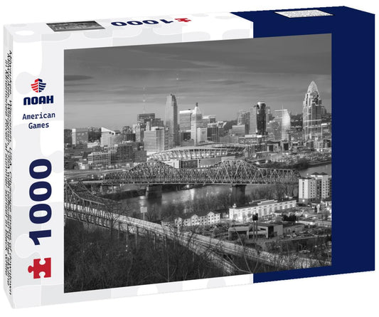 Noah Jigsaw Puzzle Milwaukee, Wisconsin, USA. Cityscape image of downtown Milwaukee, Wisconsin, USA with reflection of the skyline in Mnemonee River at summer sunset in black white 1000 pieces