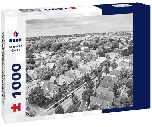 Noah Jigsaw Puzzle White architecture in Santorini island, Greece. Beautiful view of Oia town at sunset. Travel and vacation concept in black white 1000 pieces