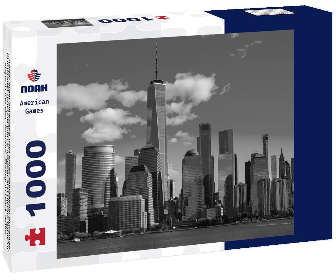 Noah Jigsaw Puzzle Aerial night cityscape with small residential buildings, illuminated mosque with a minaret and distant lights of ships in the sea, Istanbul, Turkey in black white 1000 pieces