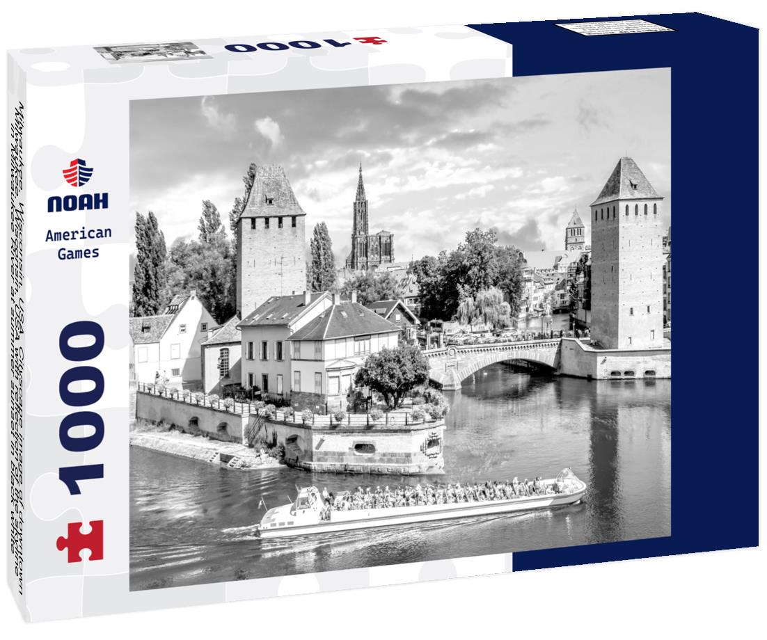 Noah Jigsaw Puzzle Milwaukee, Wisconsin, USA. Cityscape image of downtown Milwaukee, Wisconsin, USA with reflection of the skyline in Milwaukee River at summer sunset in black white 1000 pieces