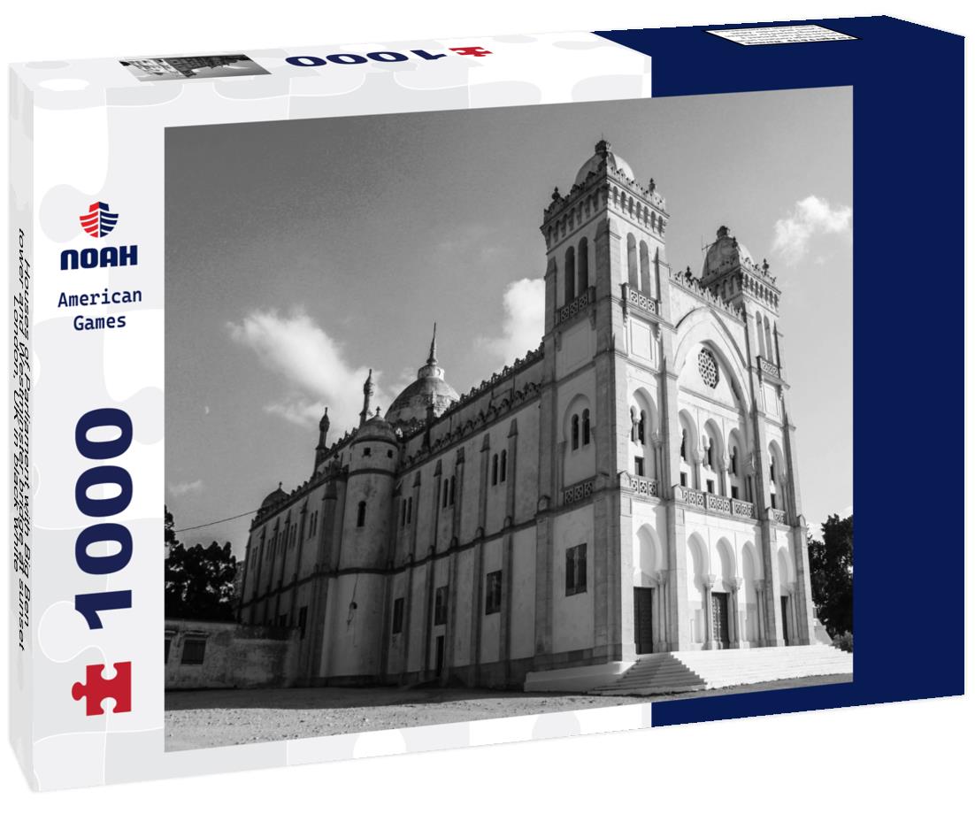 Noah Jigsaw Puzzle Houses of Parliament with Big Ben tower and Westminster bridge at sunset, London, UK in black white 1000 pieces