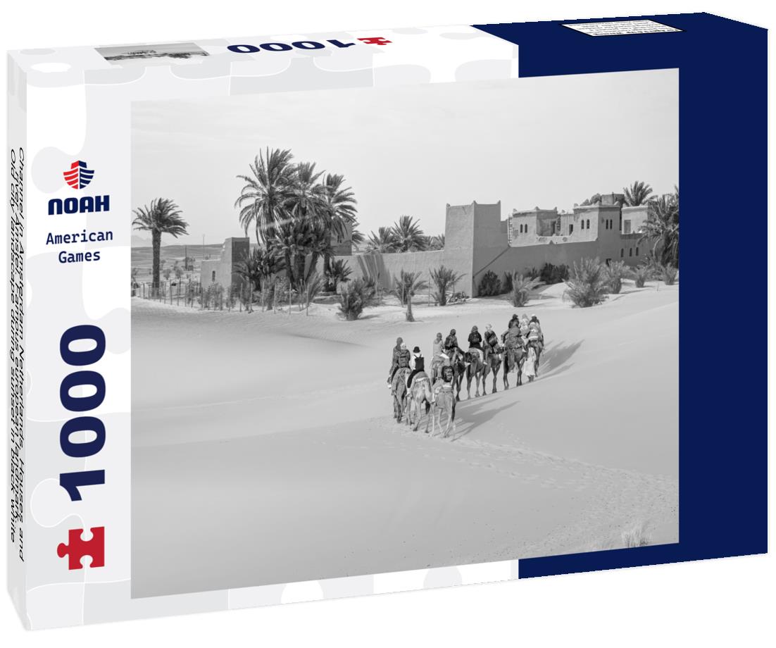 Noah Jigsaw Puzzle Channel in Amsterdam Netherlands. Houses and river Amstel. Famous european landmark. Old city landscape during sunset in black white 1000 pieces