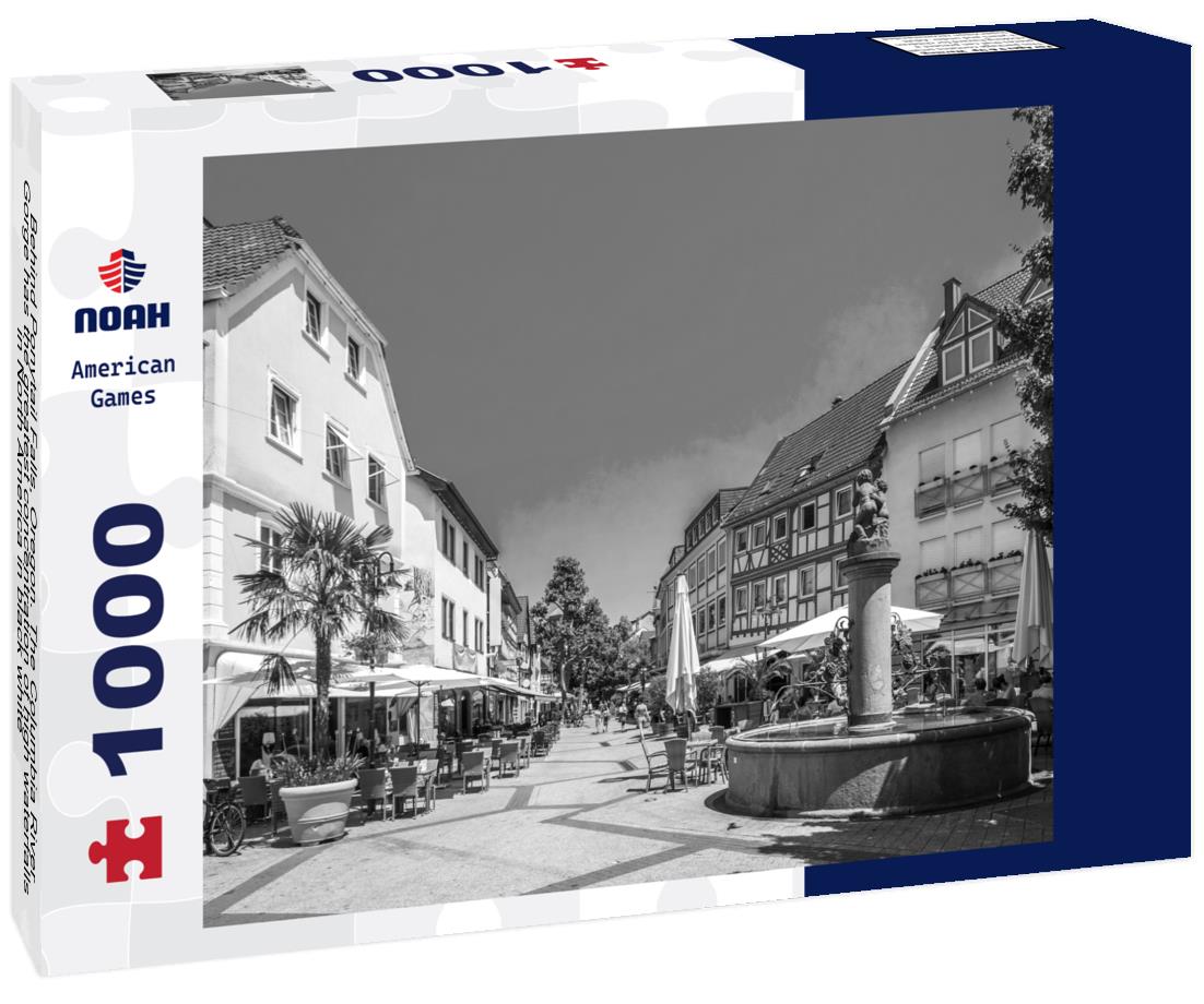 Noah Jigsaw Puzzle Behind Ponytail Falls, Oregon. The Columbia River Gorge has the greatest concentration of high waterfalls in North America in black white 1000 pieces