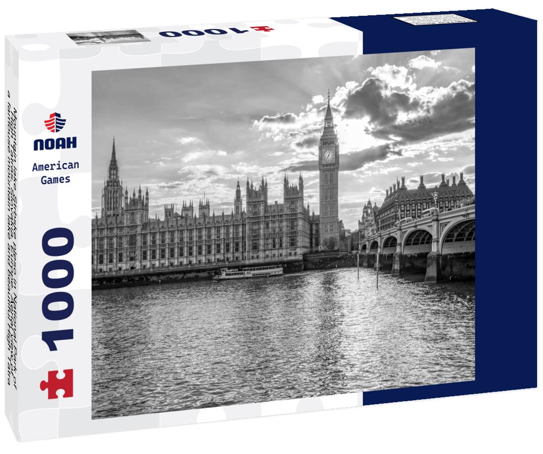 Noah Jigsaw Puzzle Mountain lake Strbske pleso in National Park of High Tatras, Slovakia, Europe. Aerial view of a famouse mountain lake and beautiful High Tatra mountains in Slovakia in black white 1000 pieces