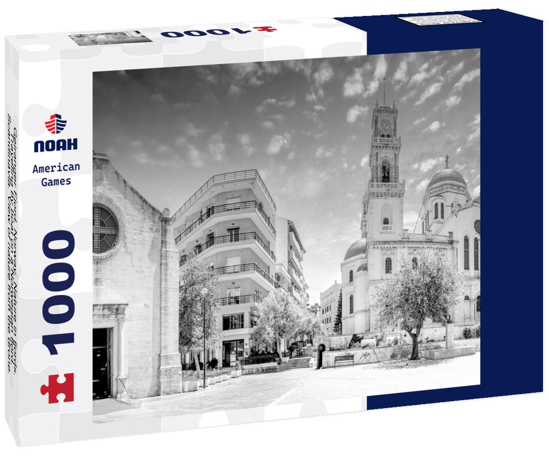 Noah Jigsaw Puzzle Geiranger Fjord, Norway. Nature in fjords. Traveling by boat on a Norwegian fjord. Scandinavia. View of nature from the drone. Seven Sisters Waterfall in black white 1000 pieces