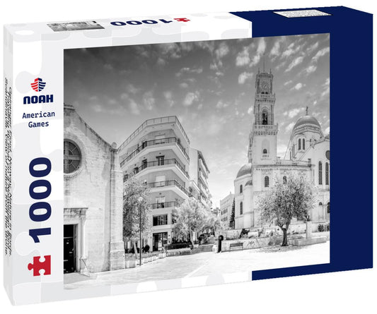 Noah Jigsaw Puzzle Geiranger Fjord, Norway. Nature in fjords. Traveling by boat on a Norwegian fjord. Scandinavia. View of nature from the drone. Seven Sisters Waterfall in black white 1000 pieces