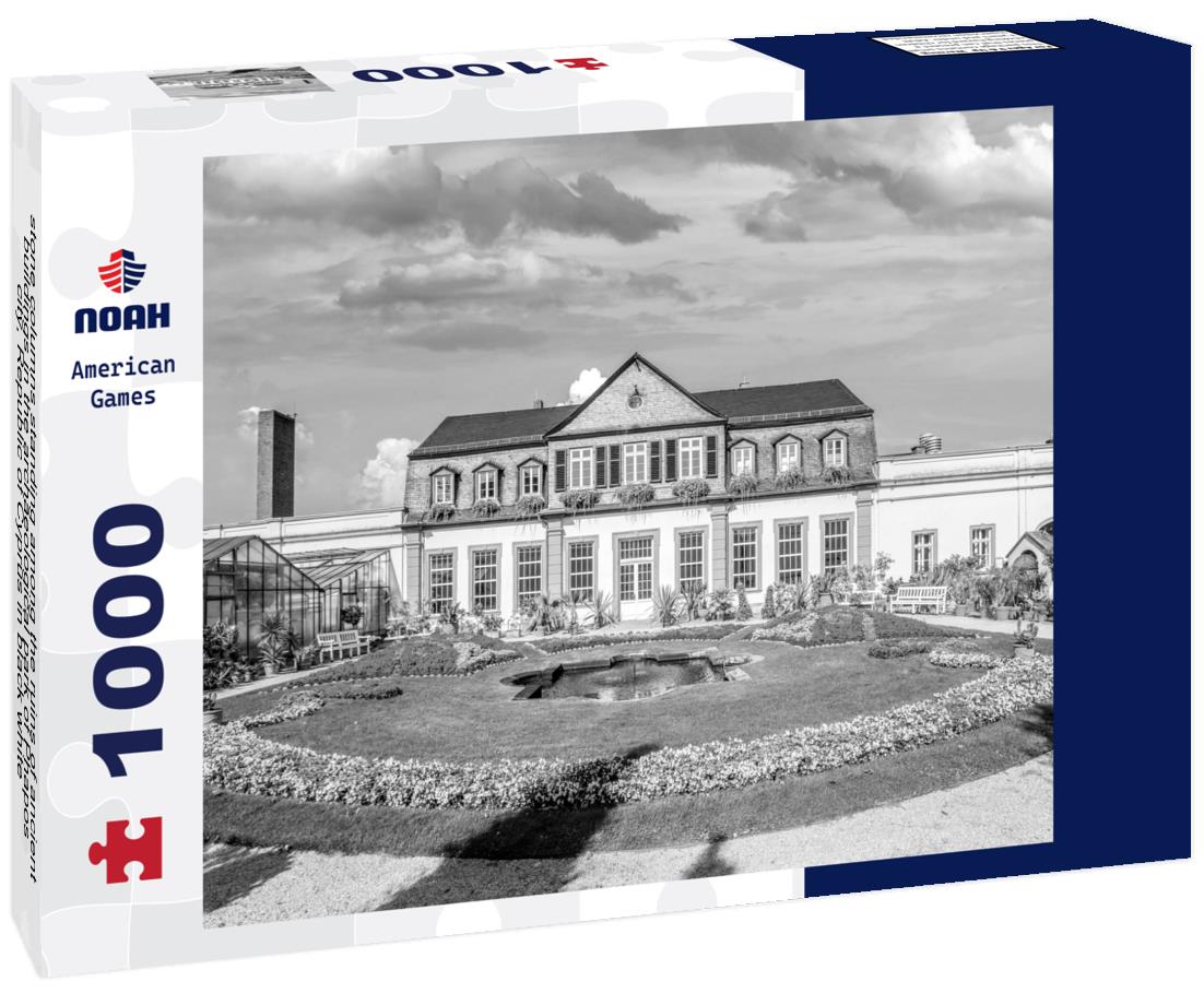 Noah Jigsaw Puzzle stone columns standing among the ruins of ancient buildings in the archaeological park of Phapos city, Republic of Cyprus in black white 1000 pieces