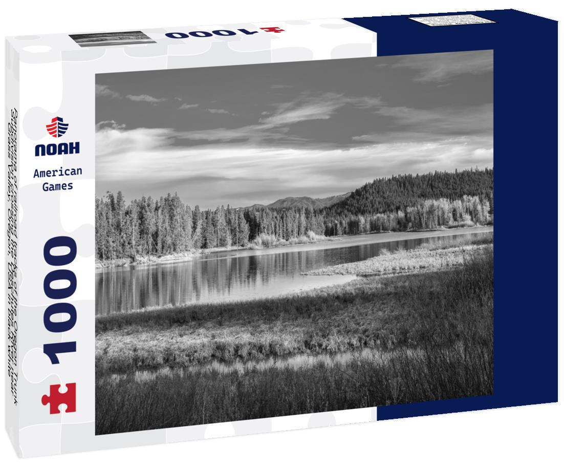 Noah Jigsaw Puzzle Panorama of railroad tracks of the Oregon Trunk Subdivision crossing the Deschutes River near Grass Valley, Oregon, USA in black white 1000 pieces