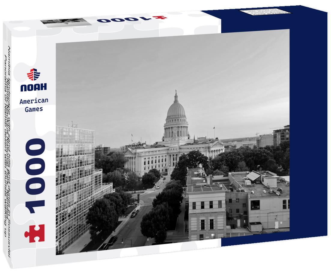 Noah Jigsaw Puzzle Namibia landscape with sand hills and dunes in Sossusvlei, Namib-Naukluft National Park, Namibia. Panorama of Namib desert with tourists walking up to red sand dunes at sunrise in black white 1000 pieces