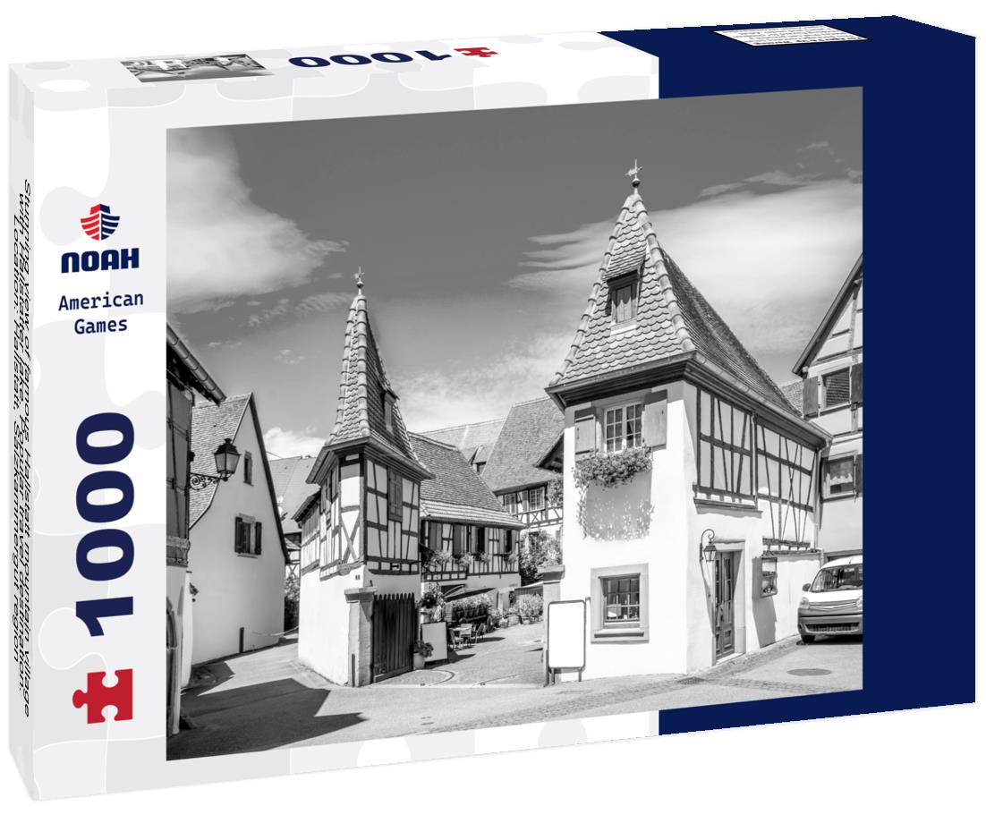 Noah Jigsaw Puzzle Stunning view of famous Hallstatt mountain village with Hallstatter lake. Popular travel destination. Location: Hallstatt, Salzkammergut region, Austria, Alps. Europe in black white 1000 pieces