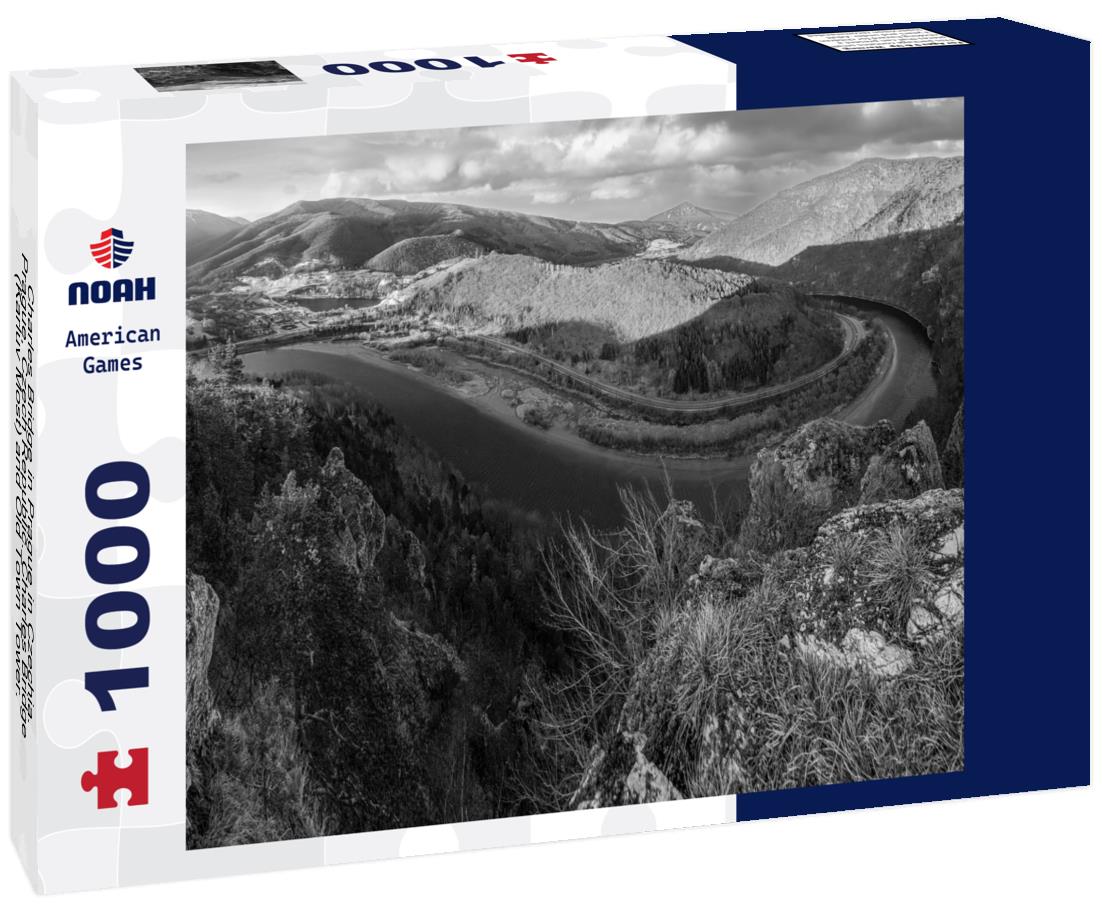 Noah Jigsaw Puzzle Charles Bridge in Prague in Czechia. Prague, Czech Republic. Charles Bridge (Karluv Most) and Old Town Tower. Vltava River and Charles Bridge in black white 1000 pieces