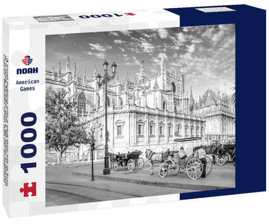 Noah Jigsaw Puzzle A small building with a blue door sits in front of a large Mosque with a tall tower in Nicosia, Cyprus. Beautiful street with old architecture in Nicosia, Cyprus in black white 1000 pieces