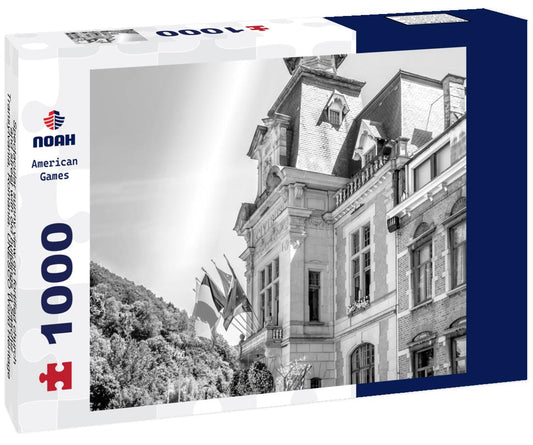 Noah Jigsaw Puzzle Spectacular sunny view on fortified church and street with old buildings in Saschiz, Transylvania, Romania. UNESCO World Heritage Site in black white 1000 pieces