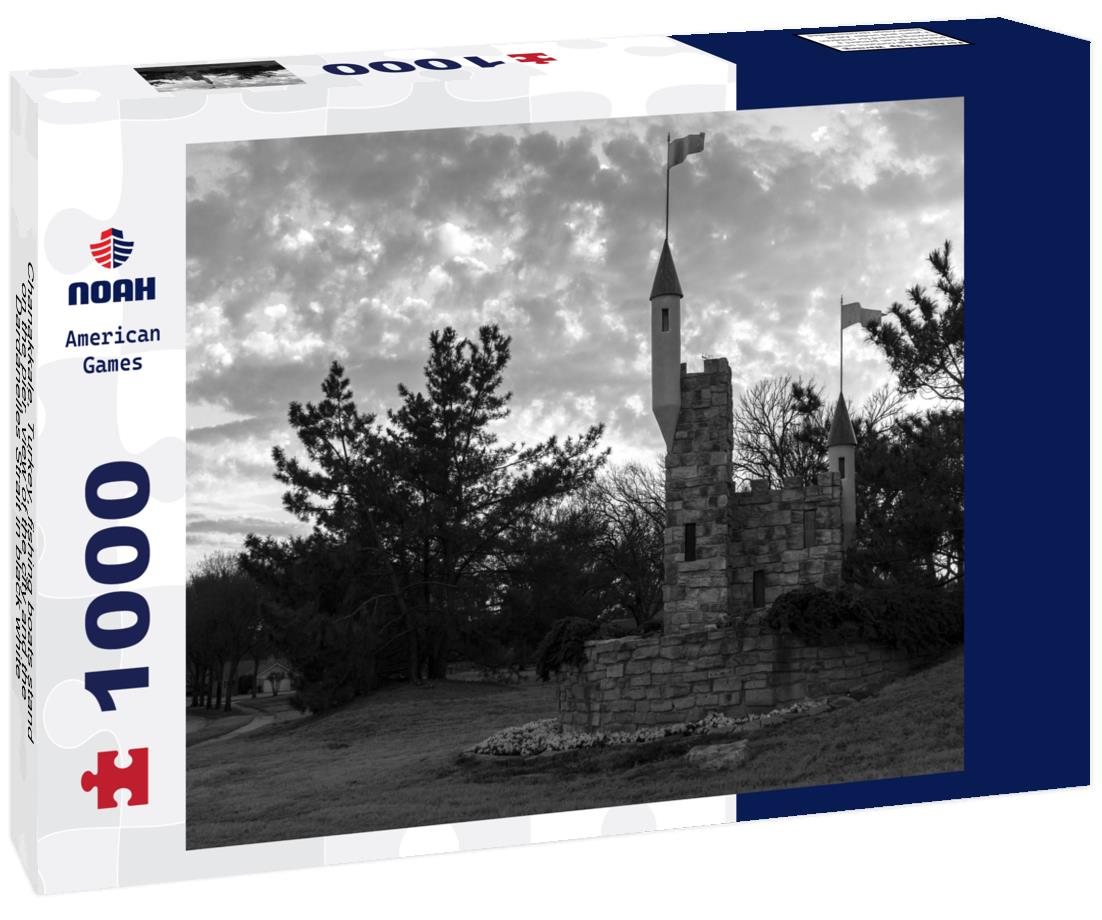 Noah Jigsaw Puzzle Chanakkale, Turkey, fishing boats stand on the pier, view of the city and the Dardanelles Strait in black white 1000 pieces