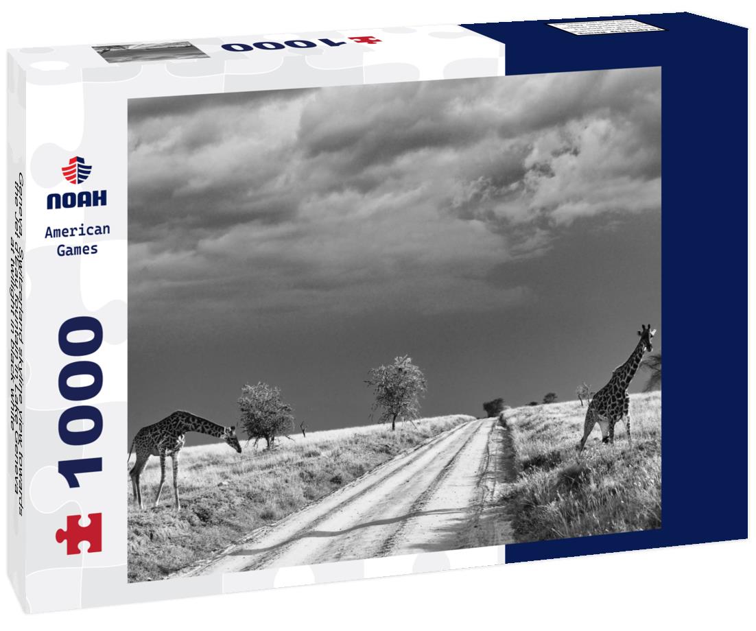 Noah Jigsaw Puzzle Geneva, Switzerland skyline view towards the Jet d'Eau fountain in Lake Geneva at twilight in black white 1000 pieces