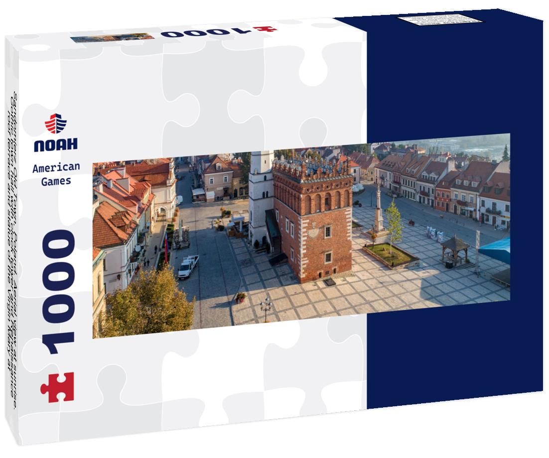 Noah Jigsaw Puzzle Sandomierz Old Town, Poland. Aerial view at sunrise. Gothic town hall with clock tower and Renaissance roof terrace and statue of the Virgin Mary at the market square (Rynek) panorama 1000 pieces