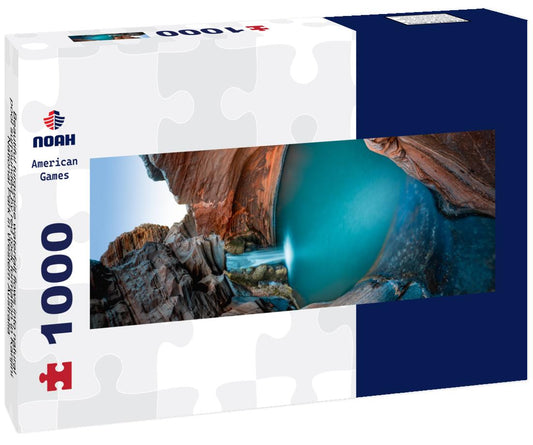 Noah Jigsaw Puzzle Beautiful turquoise waterfall flows into natural pool surrounded by red rock formation in Karijini National Park in Western Australia panorama 1000 pieces