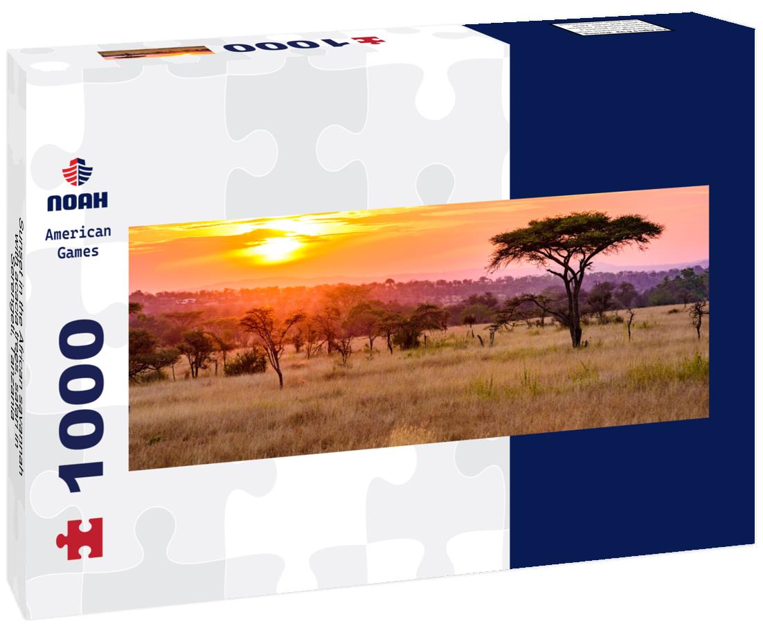 Noah Jigsaw Puzzle Sunset in the African savannah with acacia trees, safari in Serengeti, Tanzania panorama 1000 pieces