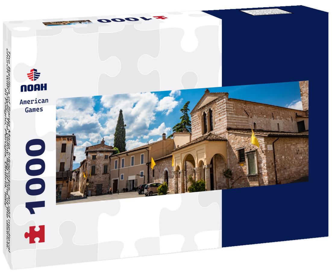 The Basilica of Santa Maria Infraportas, an old medieval church with tower. The yellow flag of one of the districts. In Foligno, Perugia, Umbria, Italy 1000pc Panoramic Puzzle
