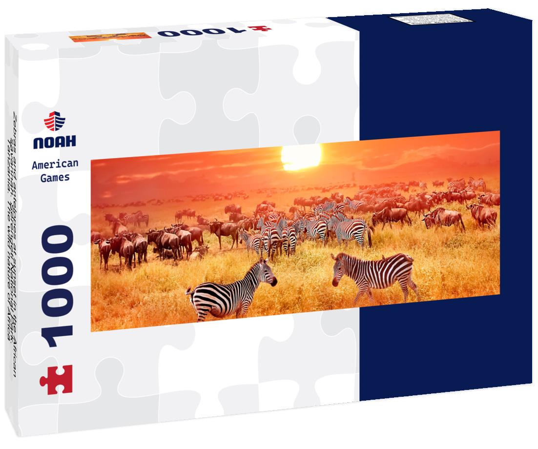 Noah Jigsaw Puzzle Zebras and antelopes at sunset in the African savannah. Serengeti National Park. Tanzania. The wild nature of Africa panorama 1000 pieces