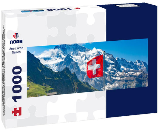 Noah Jigsaw Puzzle Swiss flag thrower and tourists admiring the peaks of Monch and Jungfrau mountains on a lookout point Mannlichen, Berner Oberland Switzerland panorama 1000 pieces
