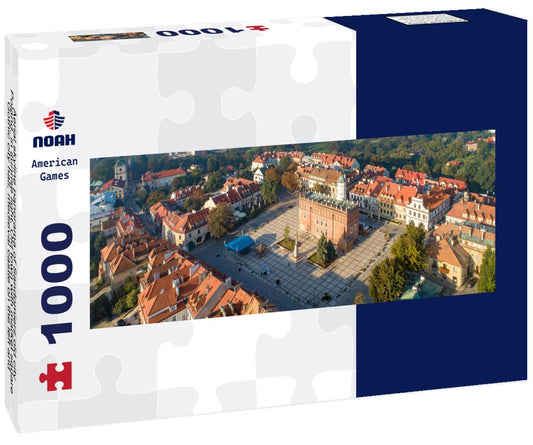 Noah Jigsaw Puzzle Aerial skyline panorama of Sandomierz old city, Poland, in sunrise light. Old town with market square, Gothic city hall, medieval castle on the left and Vistula River in morning fog in the background panorama 1000 pieces