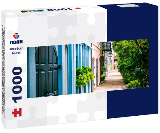 Noah Jigsaw Puzzle Empty sidewalk view of lush summer greenery lining the colorful Georgian architecture of the colonial Rainbow Row in the historical Battery neighborhood of Charleston, South Carolina, USA panorama 1000 pieces
