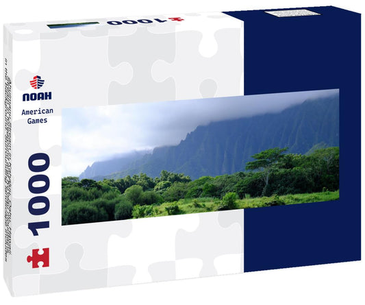 Noah Jigsaw Puzzle Ahuimanu Stream in Kahaluu, Oahu, Hawaii. Stream in foreground and Ko'olau mountains in the background. Surrounding landscape includes palm trees and tropical forest panorama 1000 pieces