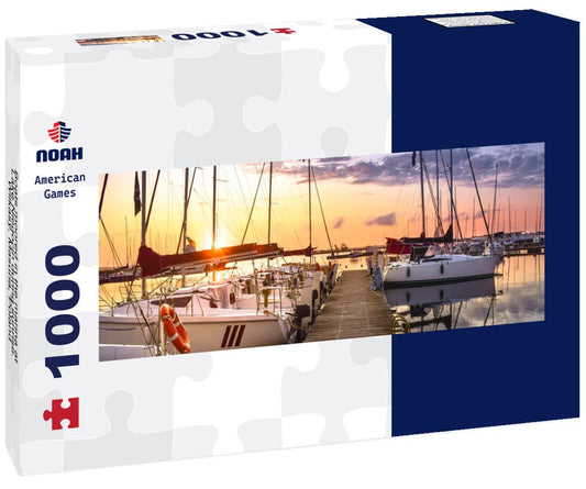 Noah Jigsaw Puzzle Boats moored in the marina at Lake Niegocin during sunrise. Wilkasy, Masuria, Poland panorama 1000 pieces