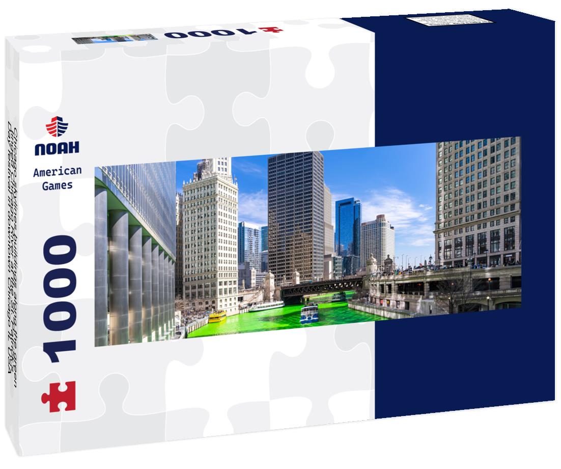 Noah Jigsaw Puzzle Chicago skylines buildings along the green-tinged Chicago River at the St. Patrick's Day festival in downtown Chicago IL USA panorama 1000 pieces