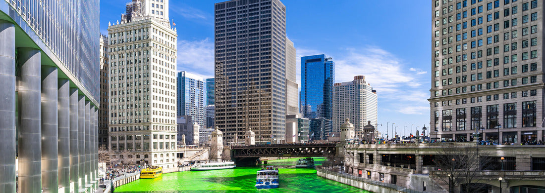 Noah Jigsaw Puzzle Chicago skylines buildings along the green-tinged Chicago River at the St. Patrick's Day festival in downtown Chicago IL USA panorama 1000 pieces