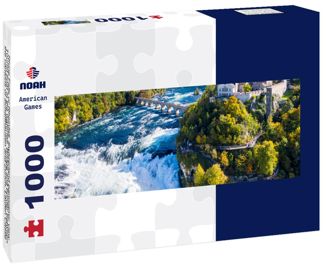 Noah Jigsaw Puzzle Rhine Falls or Rheinfall, Switzerland panoramic view. Tourist boat in the waterfall. Bridge and border between the cantons of Schaffhausen and Zurich. Laufen Castle, Laufen-Uhwiesen on the mountain top panorama 1000 pieces