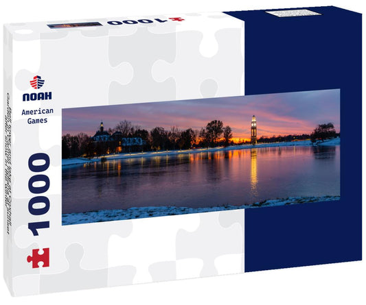 Noah Jigsaw Puzzle Bell tower and lake at Coxhall Garden in Carmel Indiana at sunset after snow in the winter panorama 1000 pieces