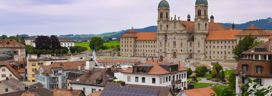 Noah Jigsaw Puzzle Village Einsiedeln, main religious pilgrimage center in Switzerland. View of center of town and Benedictine monastery ( Einsiedeln Abbey). Tourist destination panorama 1000 pieces