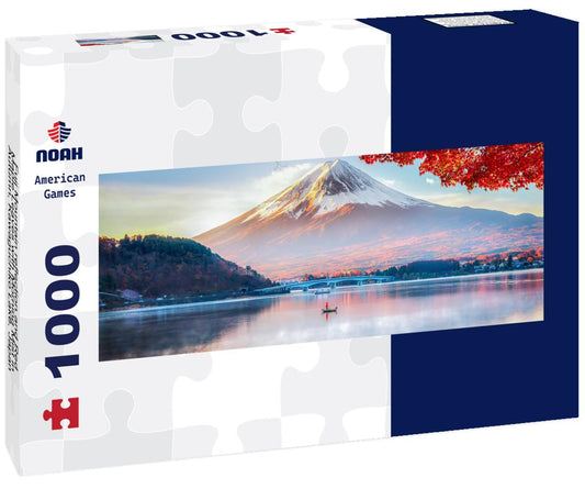 Noah Jigsaw Puzzle Fuji Mountain reflection and Red Maple Leaves with Morning Mist in Autumn, Kawaguchiko Lake, Japan panorama 1000 pieces