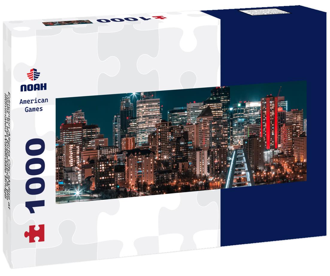 Noah Jigsaw Puzzle Edmonton Alberta City skyline at night. In the foreground is the illuminated Walterdale Bridge panorama 1000 pieces