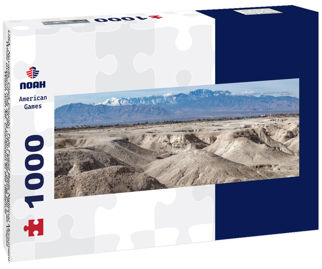 USA, Nevada, Clark County, Tule Fossil Beds National Monument: White gypsum hills at the urban fringe along the Las Vegas Wash with Mt. Charleston in the distance 1000pc Panoramic Puzzle