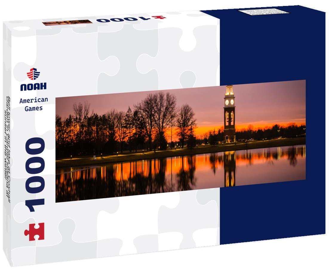 Noah Jigsaw Puzzle Bell tower and lake at Coxhall Garden in Carmel Indiana at sunset in the winter panorama 1000 pieces