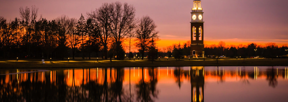 Noah Jigsaw Puzzle Bell tower and lake at Coxhall Garden in Carmel Indiana at sunset in the winter panorama 1000 pieces